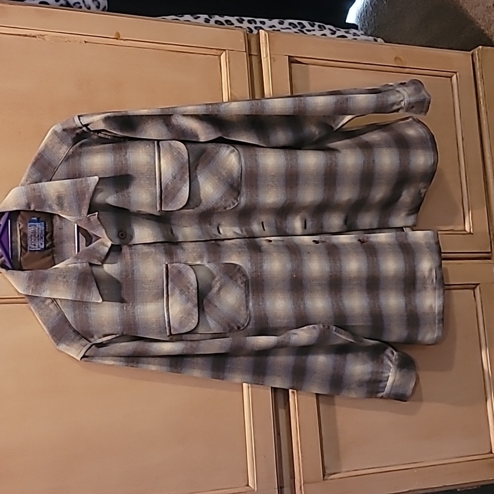 Pendleton Brown & Blue Plaid 100% Virgin Wool Button Front -USA Made Size L Tall
